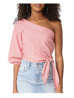 Free People Red/White Stripe One Shoulder Linen Blend Blouse